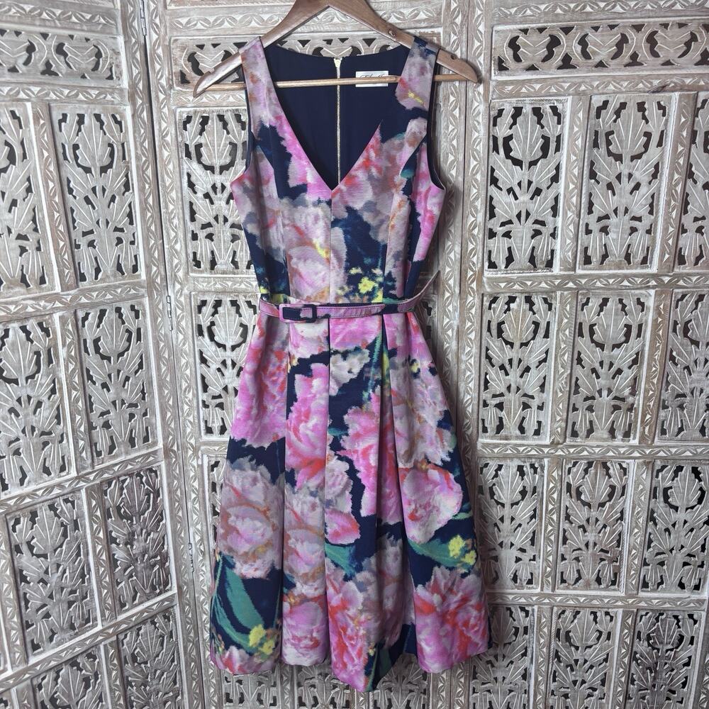 Eliza J Size 4 Artsy Watercolor Fit & Flare V-Neck Belted Pleated Dress Flirty